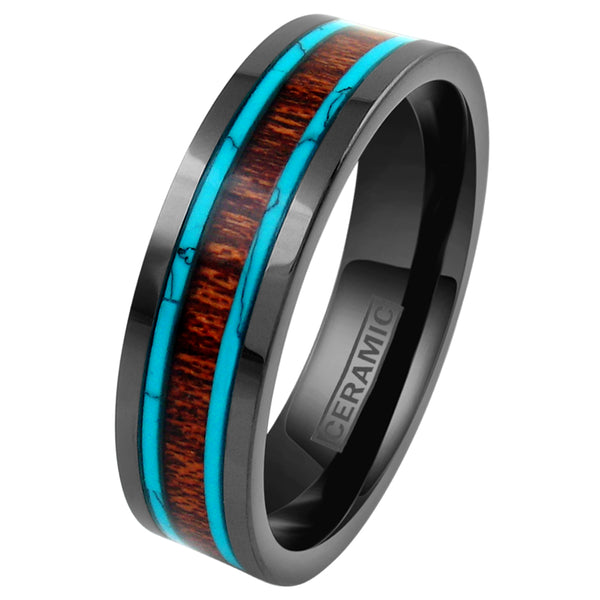 Ultramodern 6mm/8mm Black CERAMIC Ring with Stunning Koa Wood and Turquoise Inlays. Simply Beautiful.