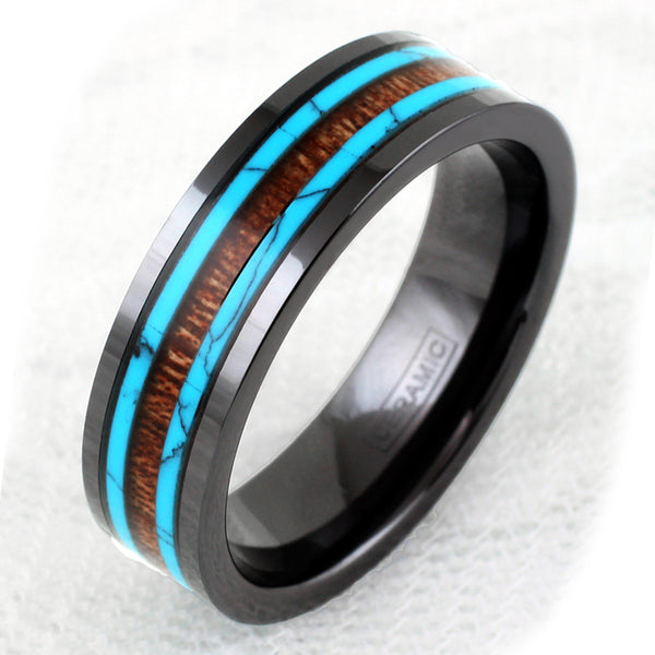 Ultramodern 6mm/8mm Black CERAMIC Ring with Stunning Koa Wood and Turquoise Inlays. Simply Beautiful.