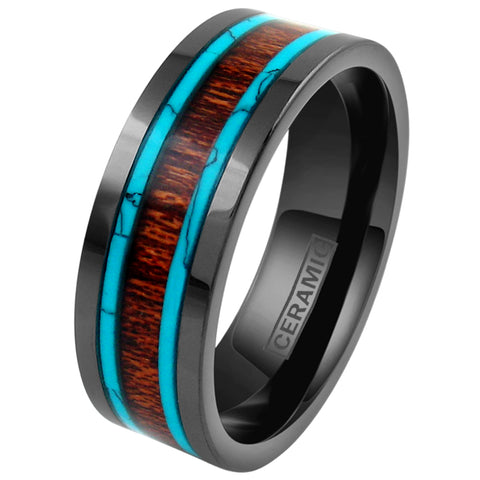 Ultramodern 6mm/8mm Black CERAMIC Ring with Stunning Koa Wood and Turquoise Inlays. Simply Beautiful.