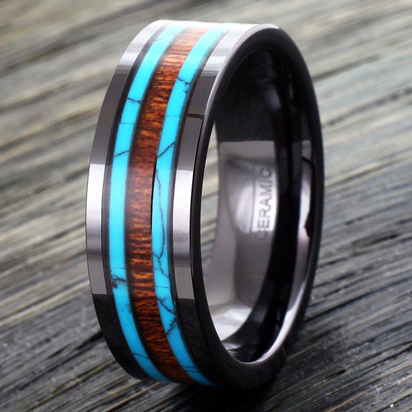 Ultramodern 6mm/8mm Black CERAMIC Ring with Stunning Koa Wood and Turquoise Inlays. Simply Beautiful.