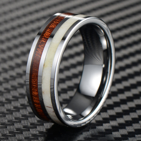 Beautiful Mirror Polished Flat Band Tungsten Ring w/ Awesome Deer Antler & Koa Wood Inlays.