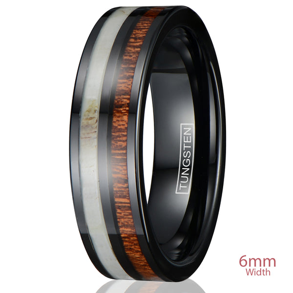 Awesome Black Flat Band Tungsten Ring w/ Cool Deer Antler & Koa Wood Inlays.