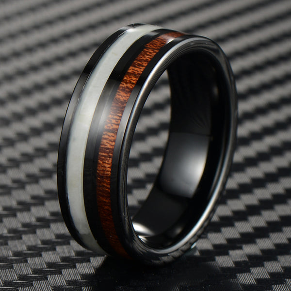 Awesome Black Flat Band Tungsten Ring w/ Cool Deer Antler & Koa Wood Inlays.