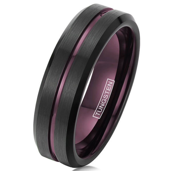 Awesome Black Tungsten Ring with Plum Purple Stripe & Inner Band, with Beveled Edges.
