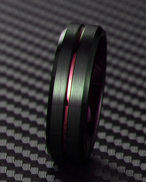 Awesome Black Tungsten Ring with Plum Purple Stripe & Inner Band, with Beveled Edges.