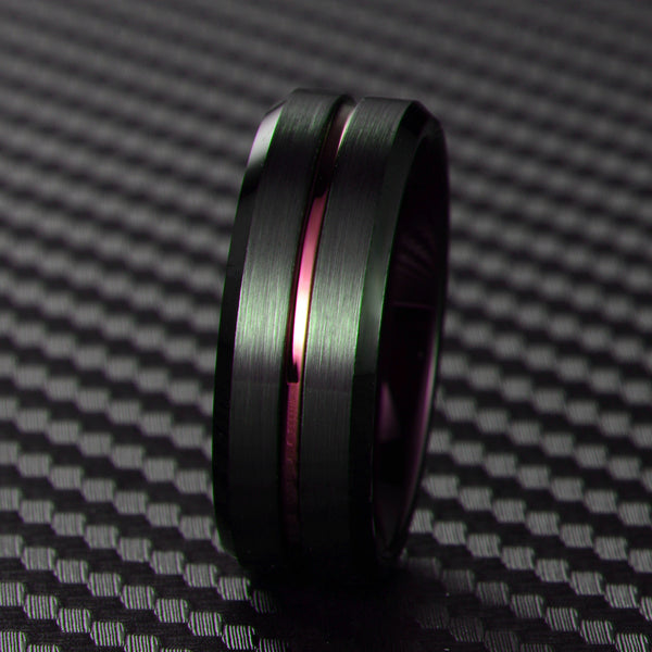 Awesome Black Tungsten Ring with Plum Purple Stripe & Inner Band, with Beveled Edges.