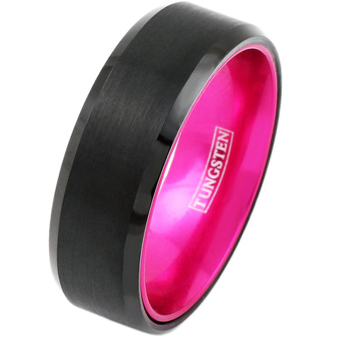 Fabulous Black Tungsten Ring with Brilliant Hot Pink Inner Band, & Beveled Edges.