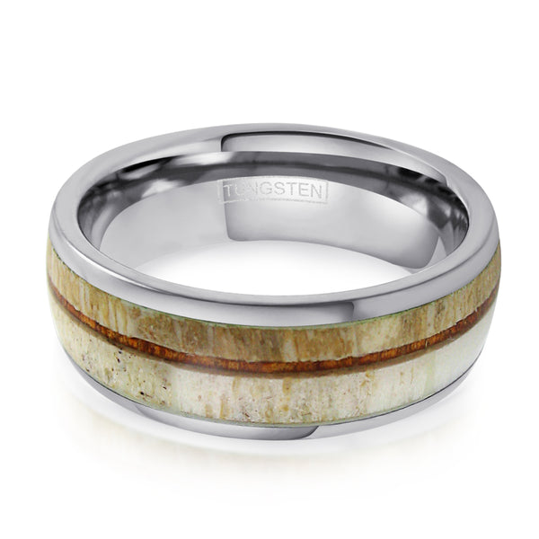 Silver tungsten dome ring w/ thin Koa wood & deer antler inlays | Wholesale tungsten rings - wedding rings | Flat photo
