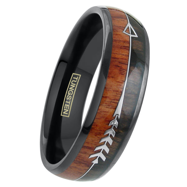 Awesome 6mm/8mm Black Tungsten Dome Ring w/ Koa Wood Inlay and Feathered Arrow.