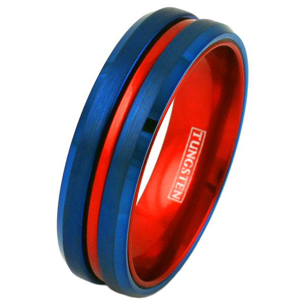 Super Royal Blue Tungsten Ring with Anodized Aluminum Fire Engine Red Inner Band and Recessed Stripe, with Beveled Edges.