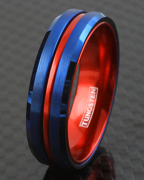 Super Royal Blue Tungsten Ring with Anodized Aluminum Fire Engine Red Inner Band and Recessed Stripe, with Beveled Edges.