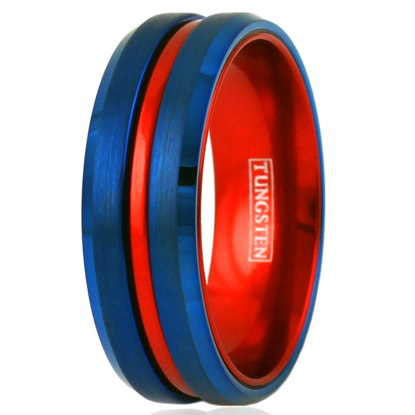 Super Royal Blue Tungsten Ring with Anodized Aluminum Fire Engine Red Inner Band and Recessed Stripe, with Beveled Edges.