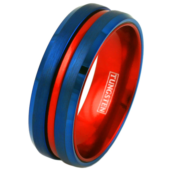 Super Royal Blue Tungsten Ring with Anodized Aluminum Fire Engine Red Inner Band and Recessed Stripe, with Beveled Edges.