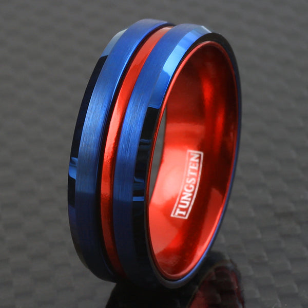 Super Royal Blue Tungsten Ring with Anodized Aluminum Fire Engine Red Inner Band and Recessed Stripe, with Beveled Edges.
