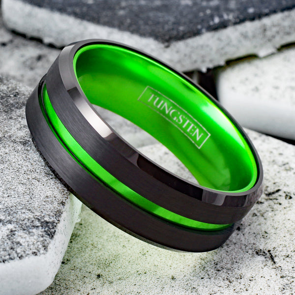 Luscious Black Tungsten Ring with Lime Green Stripe & Lime Green Anodized Aluminum Inner Band, with Beveled Edges.