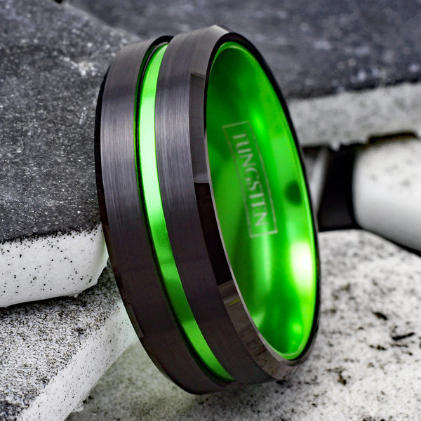 Luscious Black Tungsten Ring with Lime Green Stripe & Lime Green Anodized Aluminum Inner Band, with Beveled Edges.