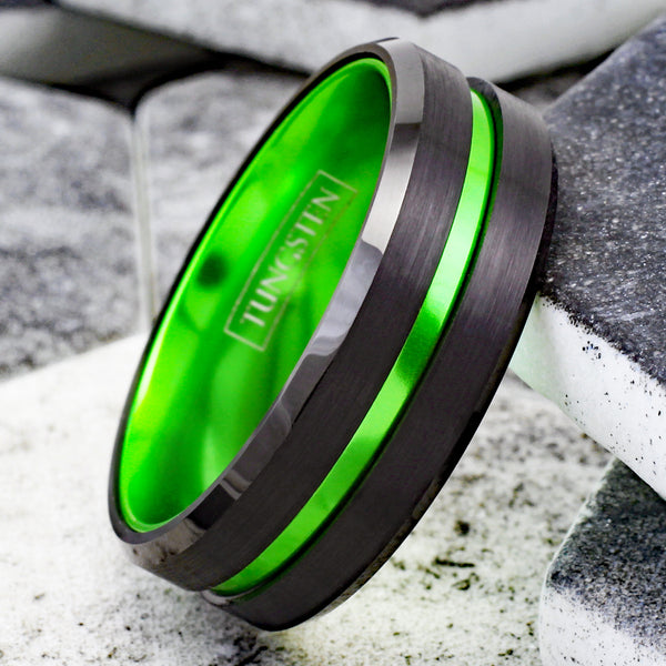 Luscious Black Tungsten Ring with Lime Green Stripe & Lime Green Anodized Aluminum Inner Band, with Beveled Edges.