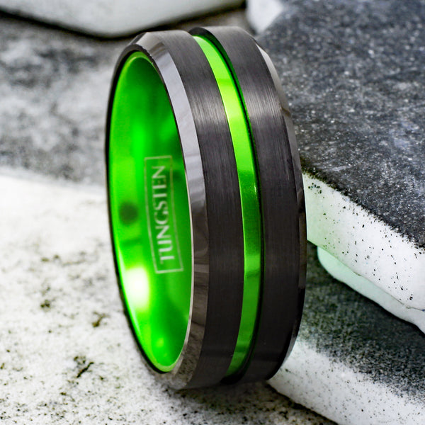 Luscious Black Tungsten Ring with Lime Green Stripe & Lime Green Anodized Aluminum Inner Band, with Beveled Edges.