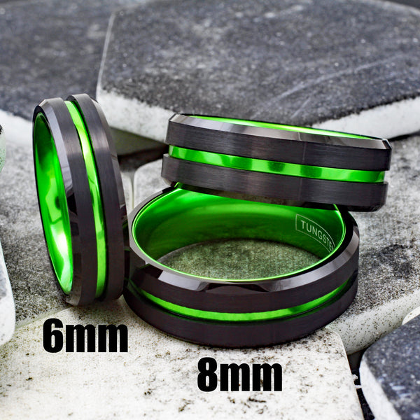 Luscious Black Tungsten Ring with Lime Green Stripe & Lime Green Anodized Aluminum Inner Band, with Beveled Edges.