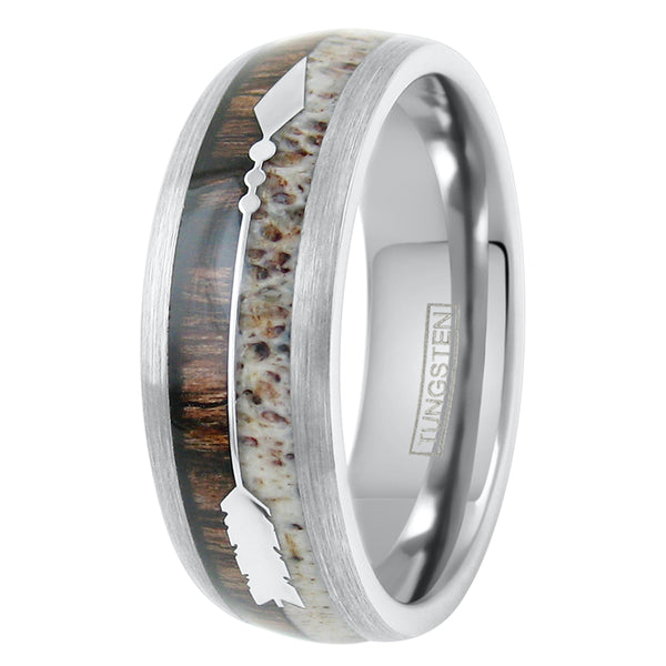 Exquisite 8mm Silver Tungsten Dome Ring w/ Deer Antler & Koa Wood Inlays and a Lovely Silver Feathered Arrow.