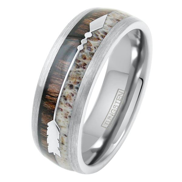 Exquisite 8mm Silver Tungsten Dome Ring w/ Deer Antler & Koa Wood Inlays and a Lovely Silver Feathered Arrow.