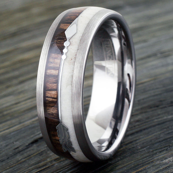 Exquisite 8mm Silver Tungsten Dome Ring w/ Deer Antler & Koa Wood Inlays and a Lovely Silver Feathered Arrow.