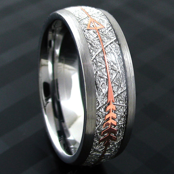 Awesome Silver Tungsten Dome Ring w/ Faux Meteorite and Rose Gold Feathered Arrow Inlays. Available in 6mm & 8mm.