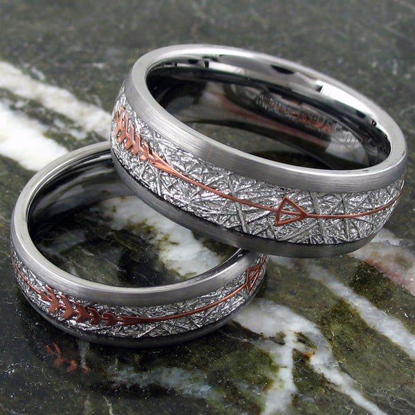 Awesome Silver Tungsten Dome Ring w/ Faux Meteorite and Rose Gold Feathered Arrow Inlays. Available in 6mm & 8mm.