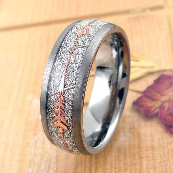 Awesome Silver Tungsten Dome Ring w/ Faux Meteorite and Rose Gold Feathered Arrow Inlays. Available in 6mm & 8mm.