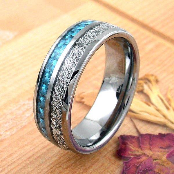 Amazing Silver Tungsten Dome Ring w/ Faux Meteorite and Sky Blue Carbon Fiber Inlays. Available in 6mm & 8mm.