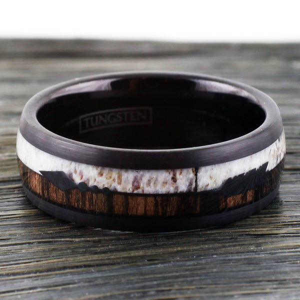 Magnificent 8mm Black Tungsten Dome Ring w/ Deer Antler & Koa Wood Inlays with Black Feathered Arrow.