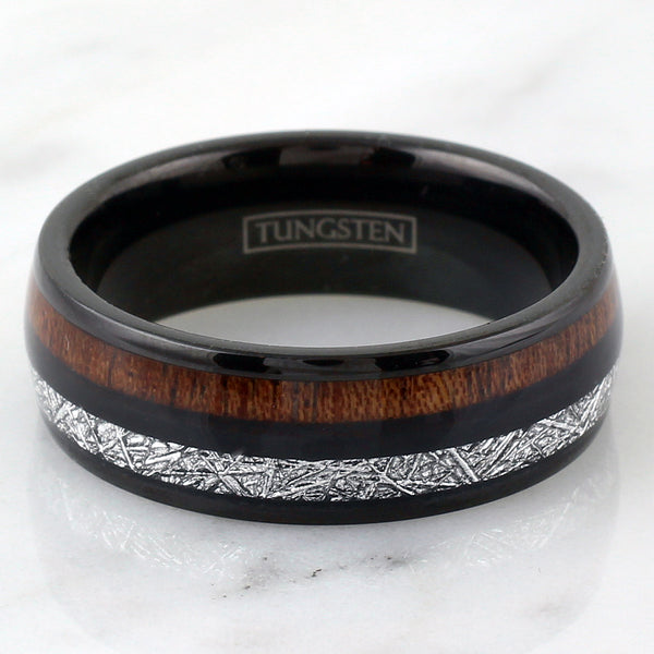 Elegant 8mm Black Tungsten Dome Ring w/ Dazzling Faux Meteorite and Beautiful Koa Wood Inlays.
