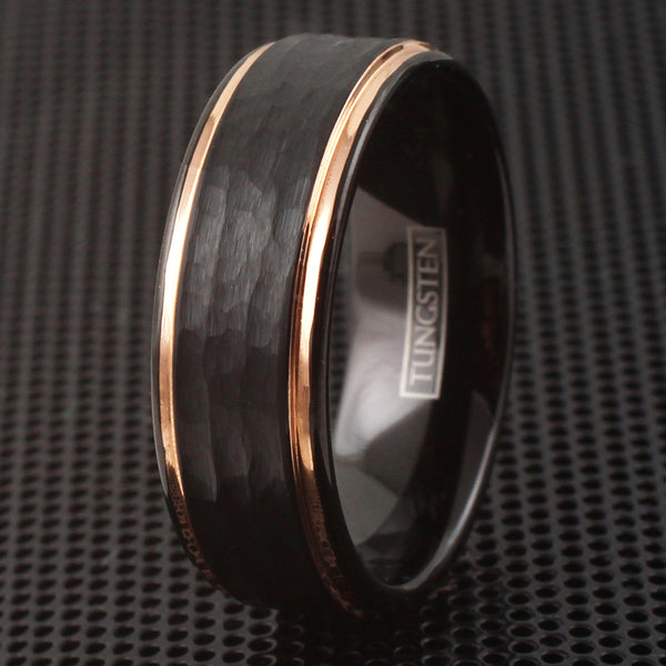 Elegant Black Tungsten Ring w/ Hammered Finished Brushed Band & Rose Gold Stepped Edges.