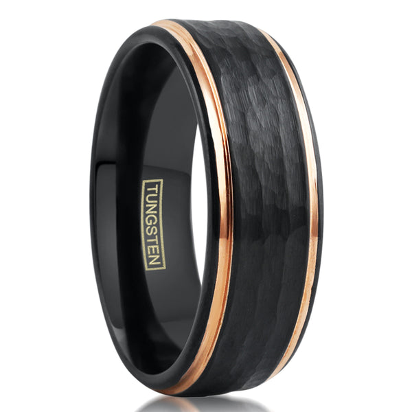 Elegant Black Tungsten Ring w/ Hammered Finished Brushed Band & Rose Gold Stepped Edges.