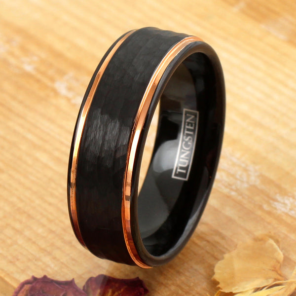 Elegant Black Tungsten Ring w/ Hammered Finished Brushed Band & Rose Gold Stepped Edges.