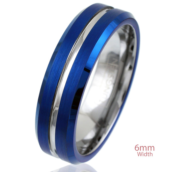 Brilliant Two-Tone Royal Blue Tungsten Ring with Silver Recessed Stripe, and Silver Inner Comfort Fit Band. For men and women.