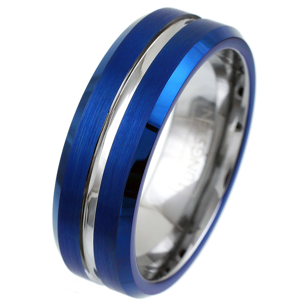 Brilliant Two-Tone Royal Blue Tungsten Ring with Silver Recessed Stripe, and Silver Inner Comfort Fit Band. For men and women.