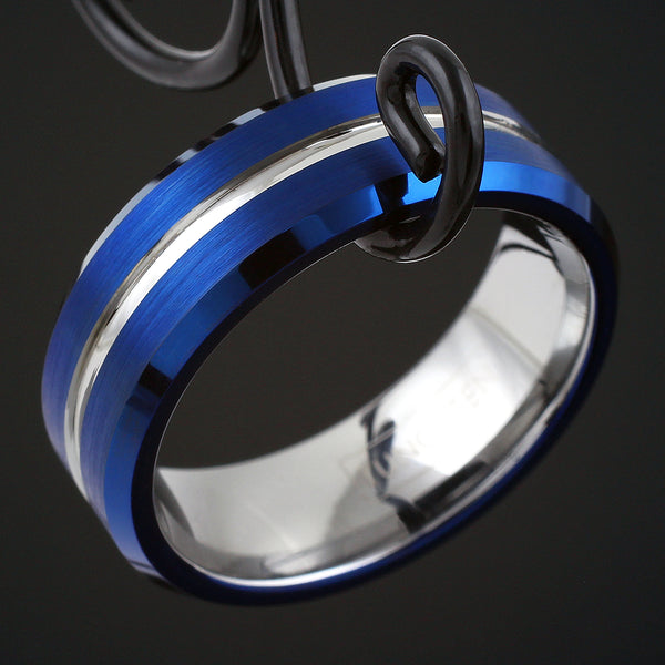 Brilliant Two-Tone Royal Blue Tungsten Ring with Silver Recessed Stripe, and Silver Inner Comfort Fit Band. For men and women.