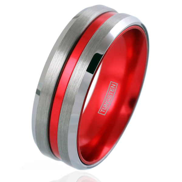 Cool Brushed Finish Silver Tungsten Ring with Anodized Aluminum Soft Red Inner Band and Recessed Stripe, with Beveled Edges.