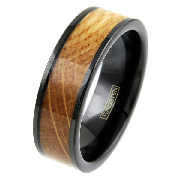 black tungsten ring w/  whiskey barrel oak wood inlay outer band | Wholesale tungsten rings - wedding bands | tilt photo