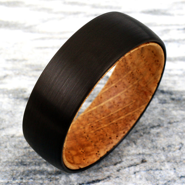 Gorgeous Satin Finish Black Tungsten Low Dome Ring with Classy Whiskey Barrel Oak Wood Inner Band.
