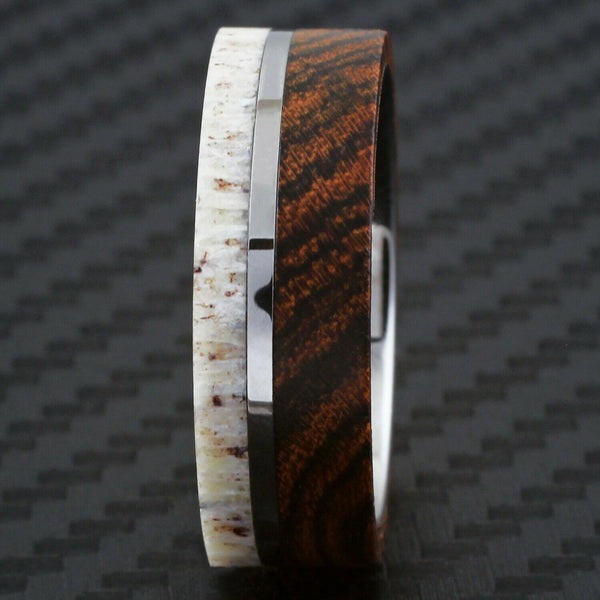 Magnificent Modern Flat Band Silver Tungsten Ring w/ Deer Antler and Tiger Stripe Bocote Wood Overlays & Off-Center Silver Stripe.