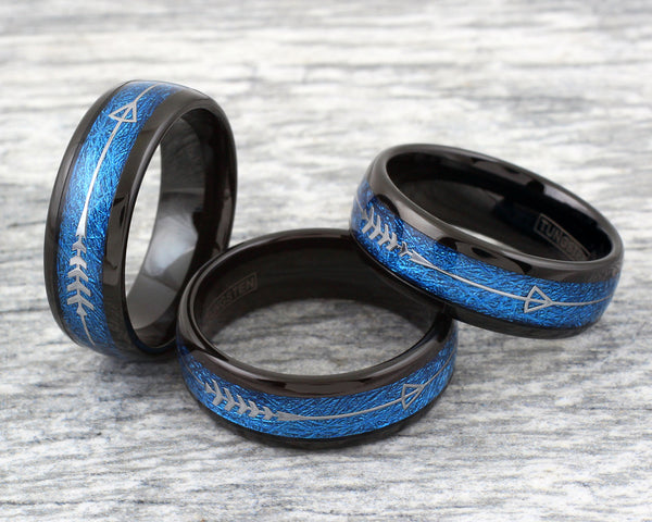Awesome Polished Black Tungsten Low Dome Ring w/ Dazzling Sapphire Blue Faux Meteorite and Silver Feathered Arrow Inlays.