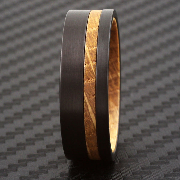 Beautiful Satin Finish Black Tungsten Flat Band Ring with Awesome Whiskey Barrel Oak Wood Off-Center Stripe and Matching Inner Band.