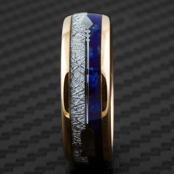 Dazzling Rose Gold Tungsten Low Dome Ring w/ Speckled Blue Lapis Lazuli, Faux Meteorite, and Silver Feathered Arrow Inlays. Couple Ring