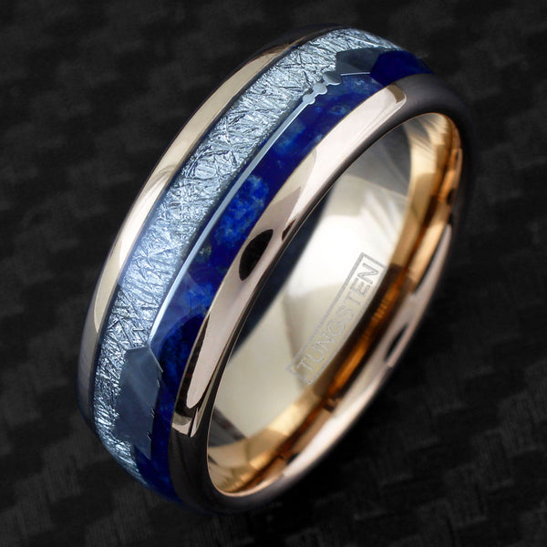 Dazzling Rose Gold Tungsten Low Dome Ring w/ Speckled Blue Lapis Lazuli, Faux Meteorite, and Silver Feathered Arrow Inlays. Couple Ring