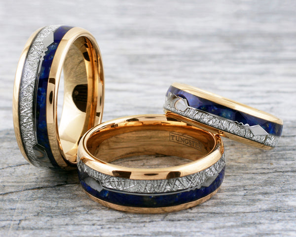Dazzling Rose Gold Tungsten Low Dome Ring w/ Speckled Blue Lapis Lazuli, Faux Meteorite, and Silver Feathered Arrow Inlays. Couple Ring