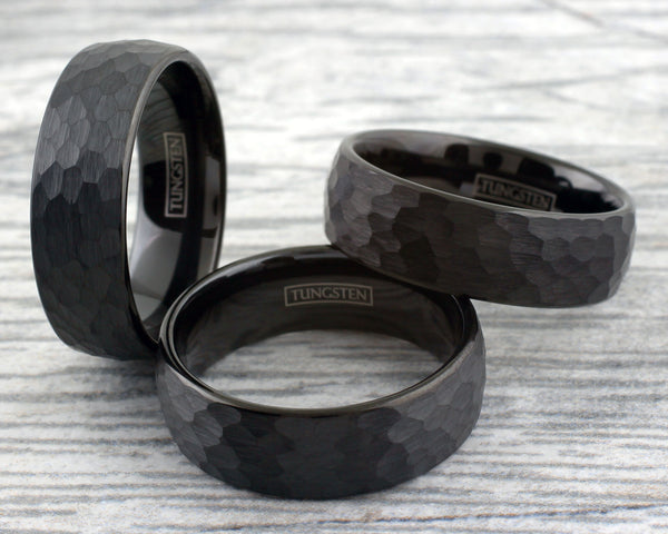 Black Brushed Hammered Finish 8mm Low Dome Tungsten Carbide Band Ring. Couple Ring.