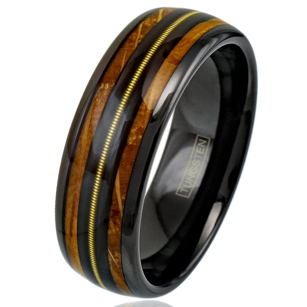 Awesome Polished Black Tungsten Low Dome Ring with Genuine Guitar String on Black Between Whiskey Barrel Oak Wood Inlays.