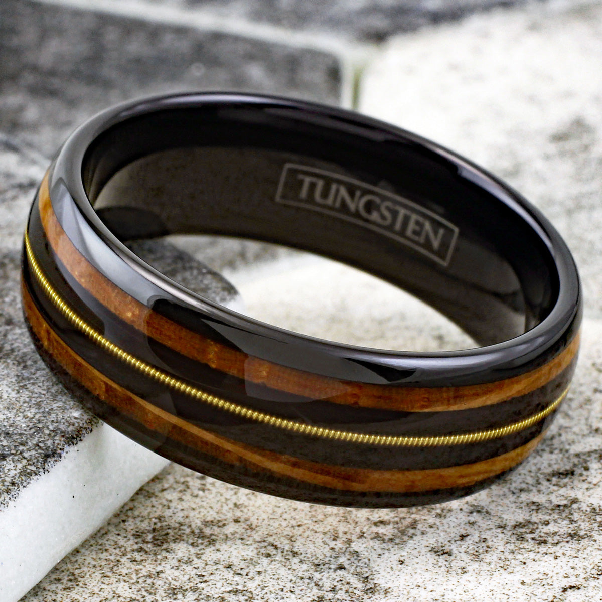 Awesome Polished Black Tungsten Low Dome Ring with Genuine Guitar String On Black Between Whiskey Barrel Oak Wood Inlays.